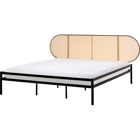 Cama moderna de hierro con somier de láminas ratán sintético trenza vienesa cabecero 180 x 200 cm negro Boulin (1/5)