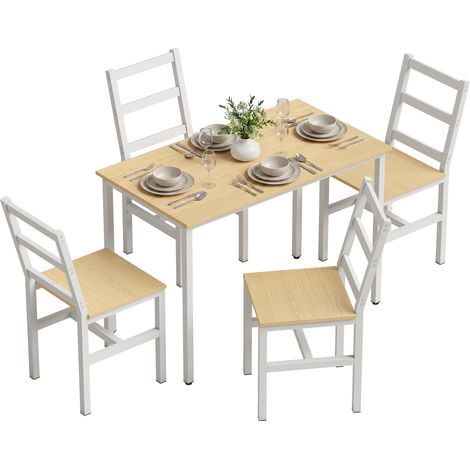 Ensemble table salle à manger avec 4 chaises. table rectangulaire 108 cm. chaises à dossier à lattes. chêne et blanc. pour salle à manger. style scandinave (1/5)