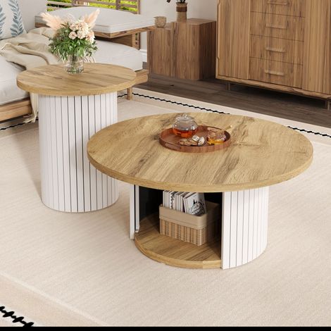Tables basses gigognes rondes avec étagère, Style Scandinave, en MDF, Naturel, 75×75×50 cm + 45×45×35 cm
