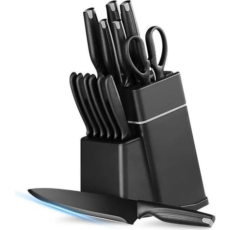 Set de 14 Couteaux de Cuisine Professionnels, Manche Ergonomique en Bois, Couteau de Chef, Couteau Universel, Aiguiseur Intégré
