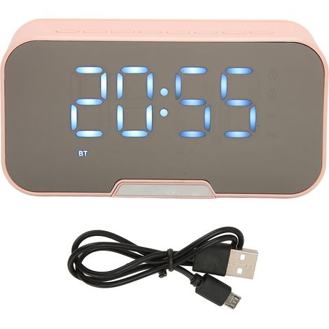 Réveil avec haut-parleur Bluetooth rose : six fonctions en une, incluant un affichage miroir, une radio FM, l’affichage de la température et des instructions vocales. (1/5)
