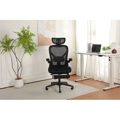 Chaise de bureau ergonomique pliante pour petit espace, soutien lombaire, assise en mousse, accoudoirs relevables, appui-tête 3D, repose-pieds intégré, noir (1/5)