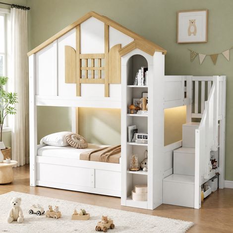 Litera 90x200+90x200 cm con LED y escalera de almacenamiento blanca OKMYHOME (1/5)