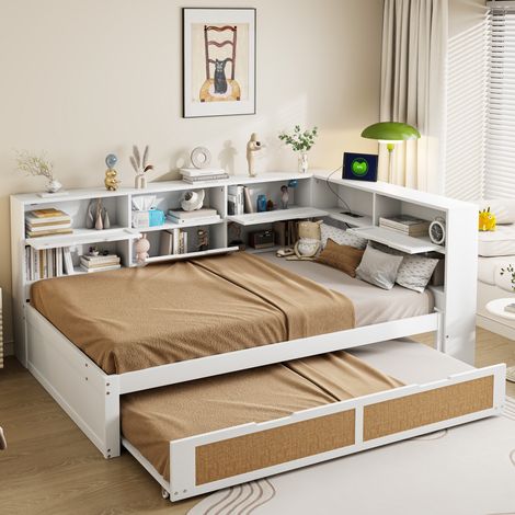 Tanant – Lit gigogne 140x200 cm – Canapé-lit extensible avec sommiers à lattes – Rangement intégré et ports USB – Bois massif blanc (1/5)