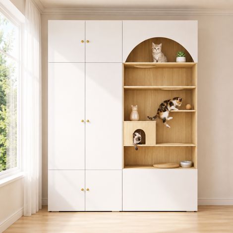 Kleiderschrank, Garderoben-Set Garderobe, Haustierschrank, 180 x 50 x 200 cm, mit 1 Kleiderstange und Katzenkletterwand, für Schlafzimmer, Wohnzimmer und Flur, Weiß+Holzoptik (1/5)