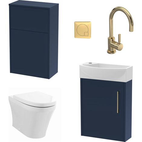 Winshill Cloakroom Bundle - Right Wall Hung Vanity Unit, Concealed Cistern WC Unit, Toilet & Tap, 440mm - Blue/Brass - Balterley (1/5)