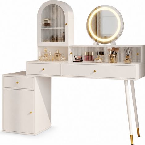 CHICFURN Tocador con espejo LED, 3 temperaturas, USB, Type-C y 2 enchufes, gran almacenaje con 3 cajones, armario y cristal, blanco, 140 cm (1/5)