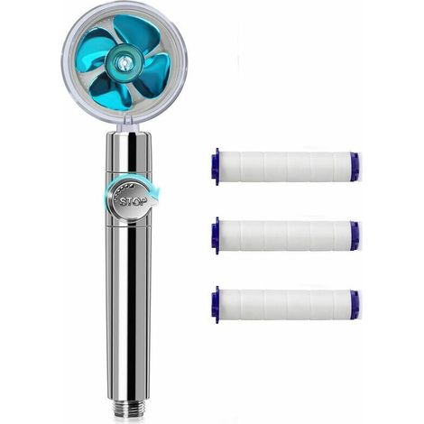 Pommeau de douche grand filtre eau turbocompress main (bleu + 3 lments filtrants) (1/5)