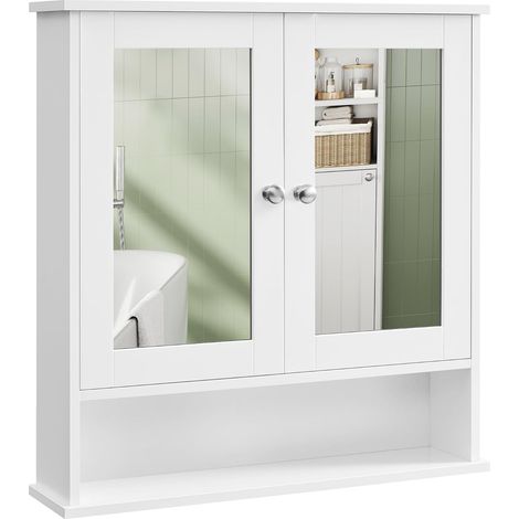 Armoire de Salle de Bain à Double Porte, Bois, Blanc, Meuble de Rangement Mural avec Miroir (1/5)