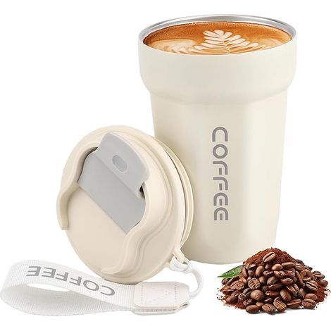 Mug Tasse À Café en Acier Inoxydable 450ml Voyage Gobelet Isolant Couvercle (Blanc) (1/5)
