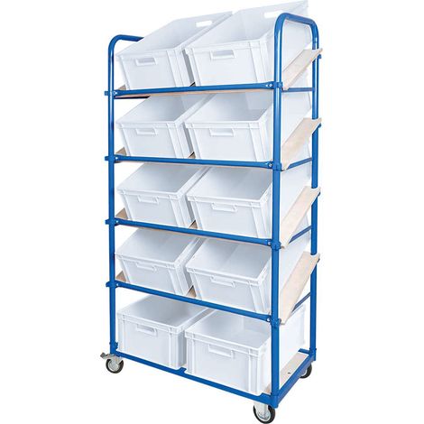 BRB Schrägboden-Regalwagen mit 5 Ebenen, bestückt mit 10 Euroboxen 600x400x220 mm weiß (1/3)