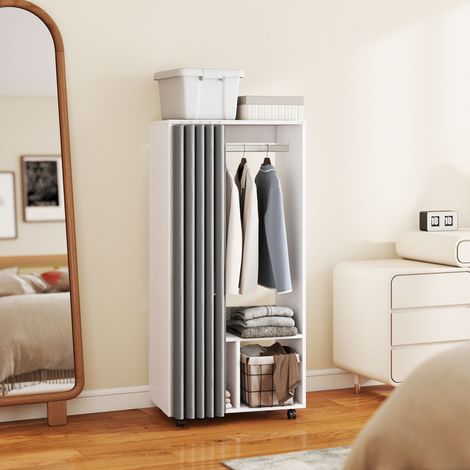 Armoire blanche à rideau avec barre de penderie, 60x40x128 cm, placard roulant sur roulettes (1/5)
