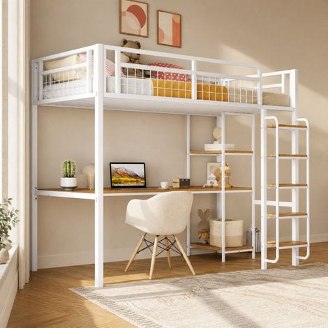 CHICFURN Cama alta infantil 90x200 cm de metal y MDF blanco con escritorio y estantes (1/5)