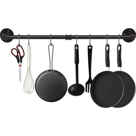 Support de pot industriel de 87,1 cm avec 15 crochets en S rustiques pour pots et poêles en fer - Support mural amovible pour ustensiles de cuisine - Noir (1/5)