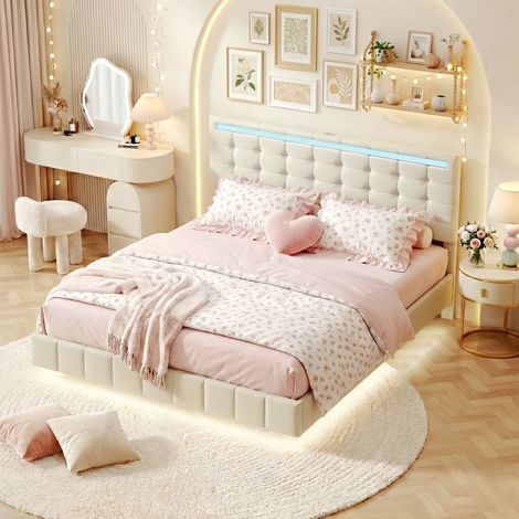 Lit double rembourré 160x200 cm, lit plat flottant rembourré avec bande lumineuse LED, fonction de chargement USB, matériau en lin, adapté aux adultes et adolescents - Beige
