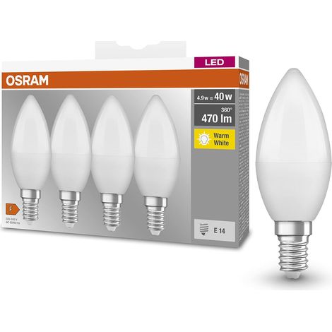 Osram LED Base Classic B Lampada, a Forma di Candela con Attacco E14, non dimmerabile, Sostituisce 5,0W = 40 watt, opaca, Bianco Caldo, 2700 Kelvin, Confezione da 4 (1/2)