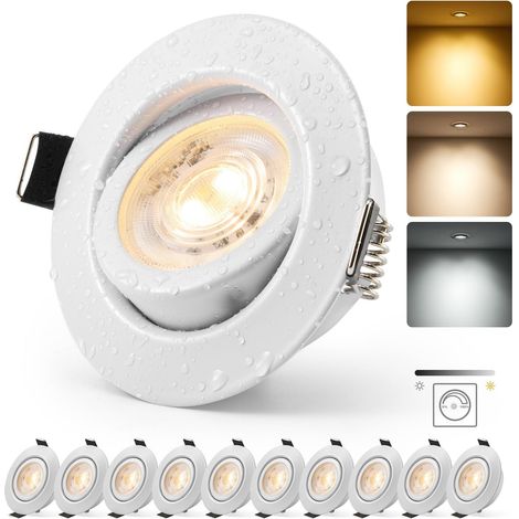 Spot Encastrable 230V Metal Dimmable Blanc 68mm - 80mm Lot de 10 Spot de Plafond IP44 Extra Plat, pour Salle de Bain Cuisine, 6W 600LM Blanc Chaud Neutre Froid Réglable, Dimmable en continu (1/5)