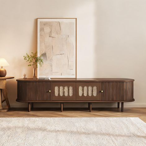 Meuble TV en MDF noyer 180 cm avec rangements en rotin (1/5)