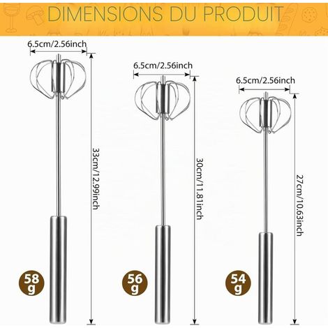 Hand Push Easy Whisk Fouet Cuisine, 3 pcs Fouet Semi Automatique en métallique Inoxydable, Batteur Manuel, Mélangeur (1/5)