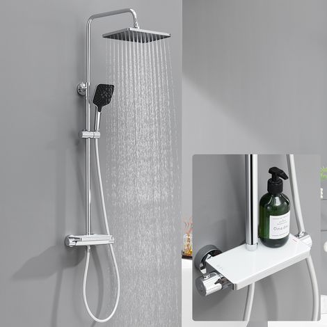 Sistema de ducha termostático, ducha de lluvia de acero inoxidable con ducha de mano de 3 funciones, ducha fija y repisa para baño, cromado (1/5)