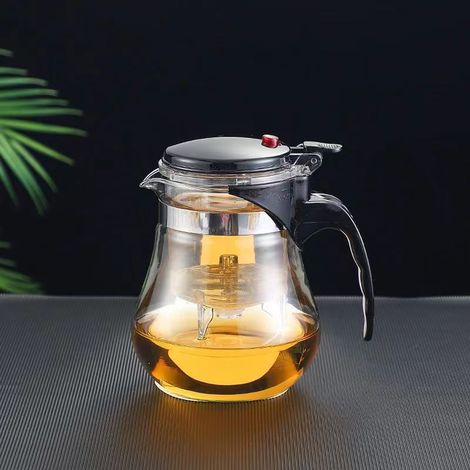 Tasse à thé cylindrique de 500 ml - Théière en verre résistant à la chaleur avec filtre et fonctionnement à une touche, adaptée à la maison et au bureau. (1/2)