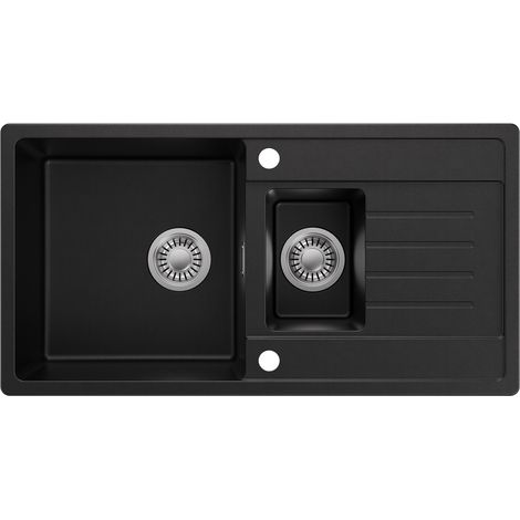 CECIPA MAX 86×45 cm Granit Spüle Aufsatzspüle 1,5 Becken mit Abtropffläche Küchenspüle Granit inkl. Siphon Ab- und Überlaufgarnitur