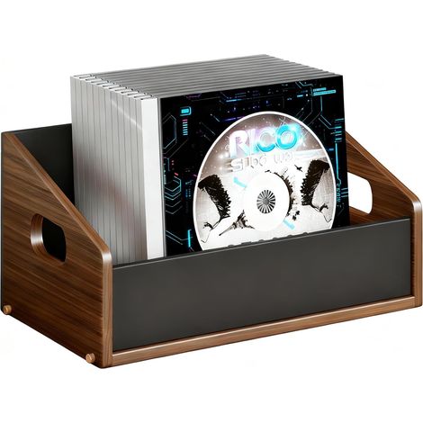 Caisse de rangement pour disques vinyles rétro avec poignée, panneau de densité et support d'album en acrylique pour plus de 60 disques (1/4)