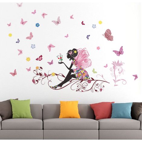 Autocollant mural fleur fée papillon vinyle déco chambre fille amovible (1/5)