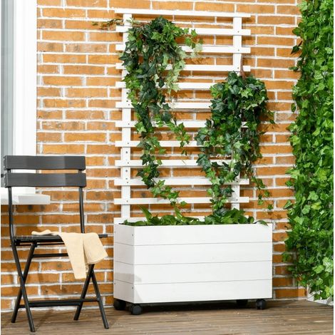 Jardiniere avec treillis sur roulettes bois blanc OKMYHOME (1/3)