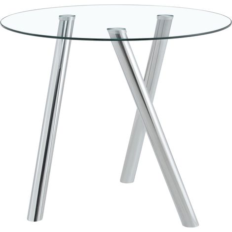 Table à manger ronde en verre trempé 89 cm avec pieds en métal argenté robuste (1/5)