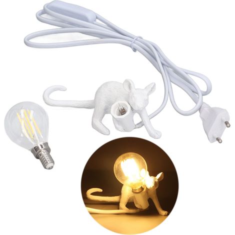 Lampe souris en résine moderne, lampe de bureau, décoration de chevet, forme animale, E12, pour chambre à coucher, salle d'étude, café blanc, prise ue (1/5)