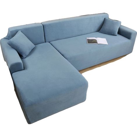 Copridivano in velluto, modello a L, tessuto ad alta elasticità, grigio-blu, 3 posti (1/2)