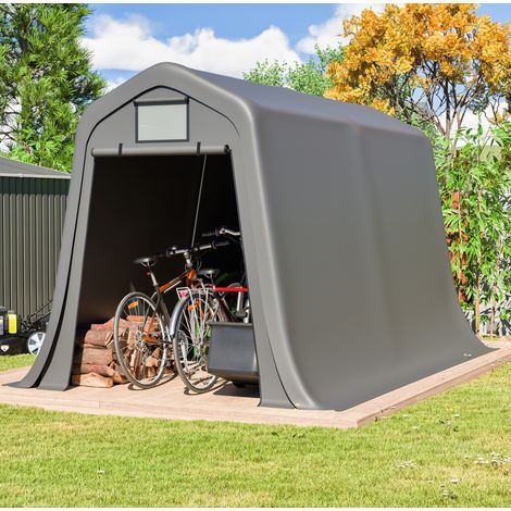 Capanno portaoggetti 213x366x225 cm grigio in PE e acciaio zincato con tetto a punta, roll-up e finestra di aerazione (1/5)