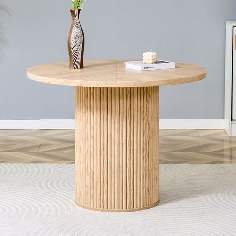 Mesa de comedor redonda de 100 cm para 4-6 personas, tablero de MDF de 2,5 cm, patas cilíndricas con almacenaje, MDF + metal, color natural
