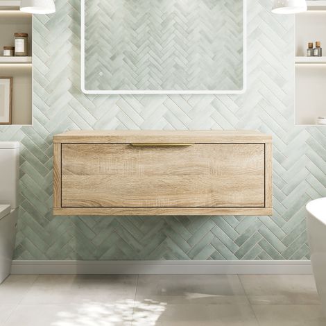 1100mm Bathroom Vanity Unit Countertop Wall Hung Drawers Brass Handle Oak Wood - No Basin (1/5)