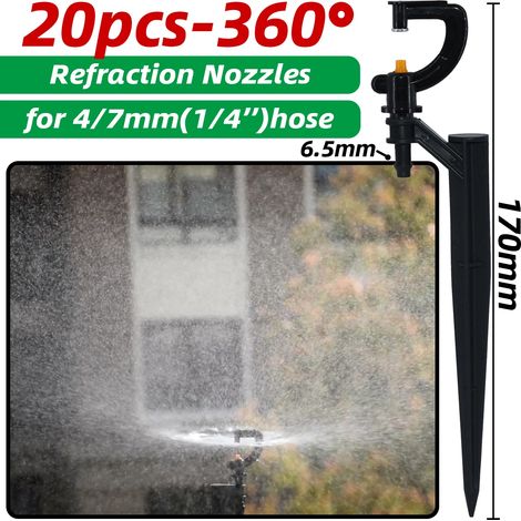 (f-20pcs) 20 arroseurs à réfraction 90/180/360° sur piquets pour système d'irrigation goutte à goutte, kit d'arrosage pour plantes et fleurs de jardin. (1/5)
