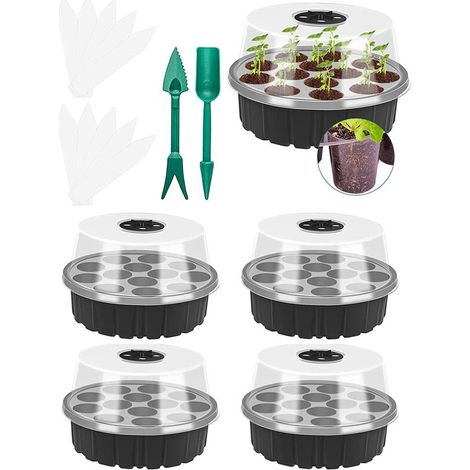 5 Pcs Bac à Semis Rond Mini Serre Potager Petite Serre pour Semis de 13 Cellules avec Outils de Plantation et Étiquettes de Plantes - Noir (1/5)