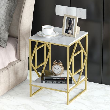 2 Tier Marble Simple Coffee Table Modern Square Sofa Side End Table Living Room, Gold (1/5)