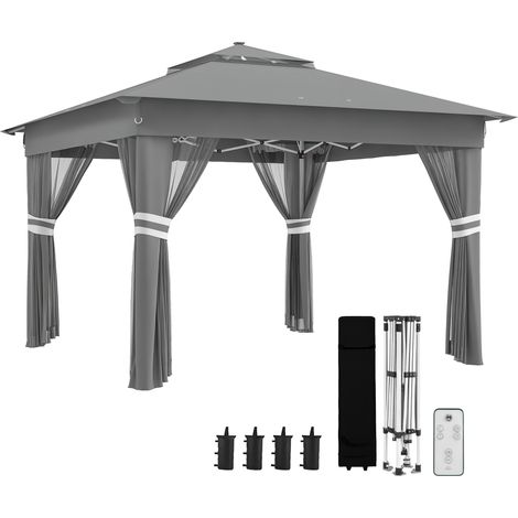 Gazebo da giardino regolabile in altezza con illuminazione a LED, in acciaio e tessuto Oxford, 336 x 336 x 250-270 cm, grigio.