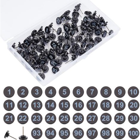 CCYKXA 100 Numbered Push Pins, Black Base with Numbers 1-100, Plastic for Maps, Photo Presentation, Poster Display, 16x11mm (1/5)