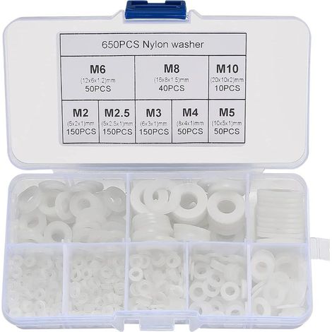 GDHZS-  650 Pièces Rondelles Nylon, Rondelles Plates Plastique, Rondelles Entretoises Rondes, Rondelles étanchéité Frein Isolation-M2/M2.5/M3/M4/M5/M6/M8/M10 (1/5)