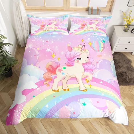 Parure De Lit Arc - en - Ciel Housse De Couette 140x200cm Cheval Literie Set Enfants Galaxie Étoile Magique Rose Animaux Décoration (1/5)