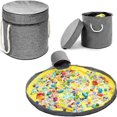 Cesta de juguetes gris DIXI con alfombrilla para bloques de juguete.