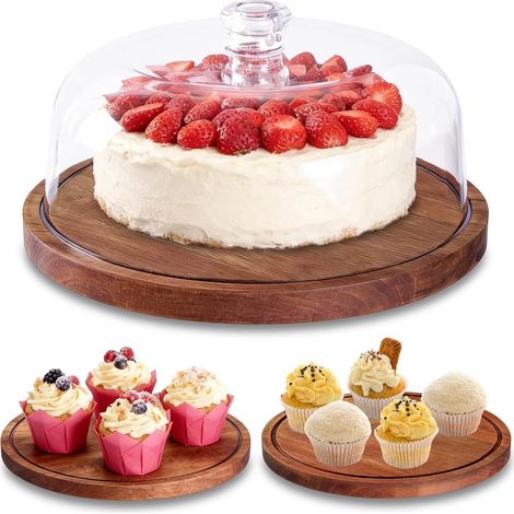 1 Support à Gâteau, Plateau en Bois d'Acacia, Couvercle Acrylique, Présentoir pour Pâtisseries et Charcuterie (1/5)