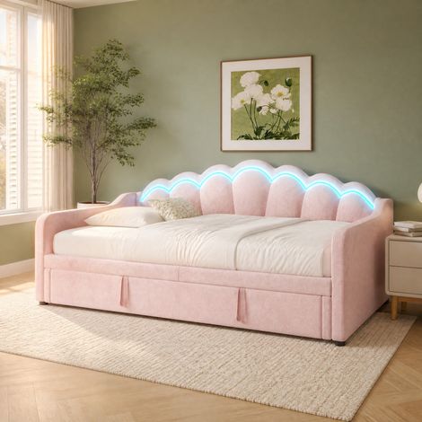 Sofá cama extensible de terciopelo rosa con LED de colores, diseño ondulado y cama auxiliar, para dormitorio y salón, convertible en cama doble, fácil de montar CHICFURN (1/5)