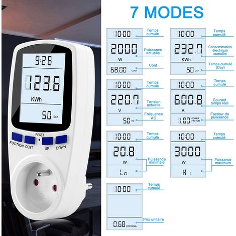 Wattmètre Prise, Compteur d'énergie AC 185V 264V Compteur de consommation d'énergie, Prise de Moniteur d'utilisation de l'électricité avec écran LCD (Tarif Unique) (1/4)