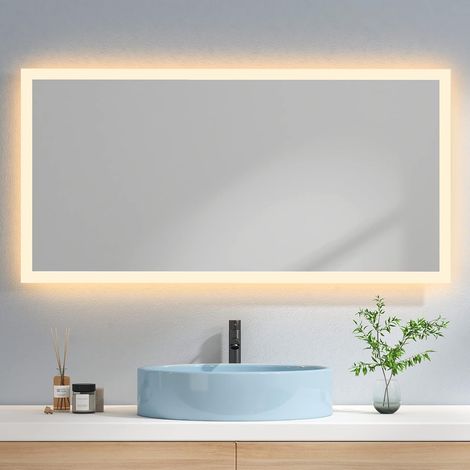 EMKE Espejo de baño con luz Espejo de baño LED, espejo para baño horizontal, espejo de baño de gran tamaño, 120 x 60 cm Luz cálida 3000K (1/4)