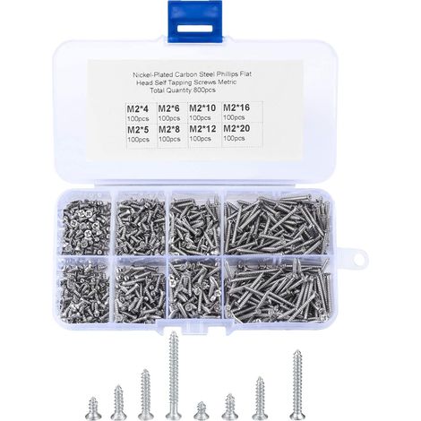 800 viti autofilettanti a testa piatta M2, piccole viti autofilettanti Phillips per lavorazione del legno, assortimento di viti autoperforanti in acciaio al carbonio, 4/5/6/8/10/12/16/20 mm