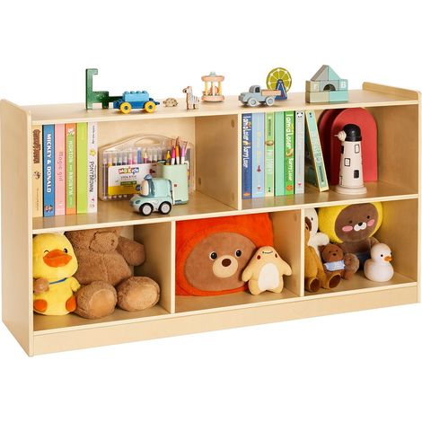 Organisateur de jouets, 1140 mm, bibliothèque pour enfants à 2 niveaux, meuble de rangement à 5 compartiments, mobilier de garderie pour chambre, crèche, salon, entrée, école maternelle, marron (1/5)
