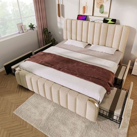 Lit coffre 180x200, 4 tiroirs coulissants lit double, sommier inclus, revêtement lin beige, ports USB, structure métal robuste (1/5)